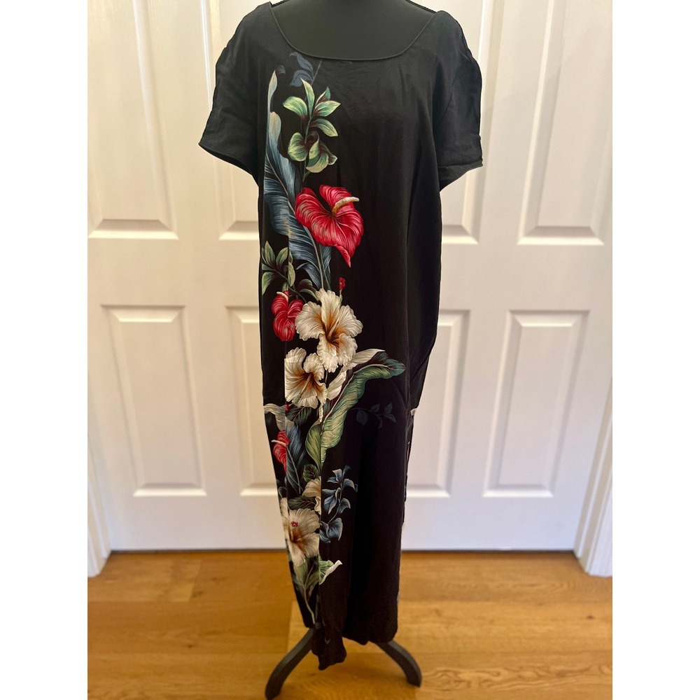 Vintage 90s 'IOLANI Hawaii Black Hibiscus Floral Maxi Dress XXL